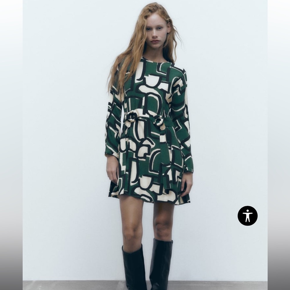 Zara green printed dress with matching belt